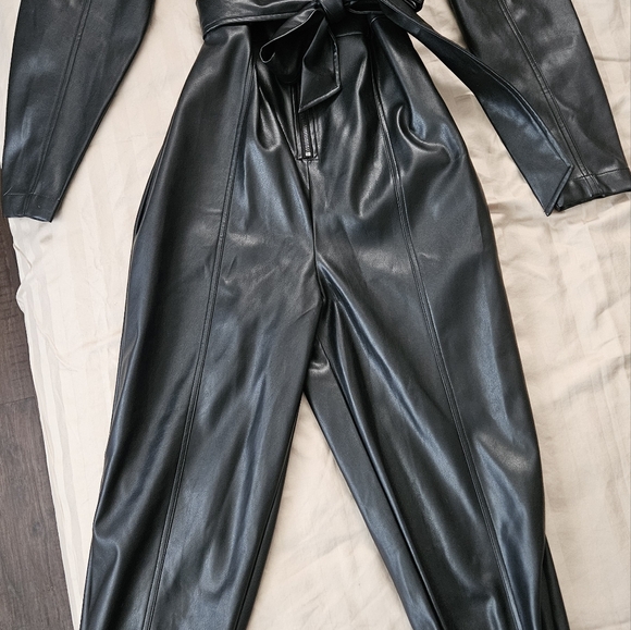 Women's Black Faux Leather Jumpsuit - Picture 2 of 4